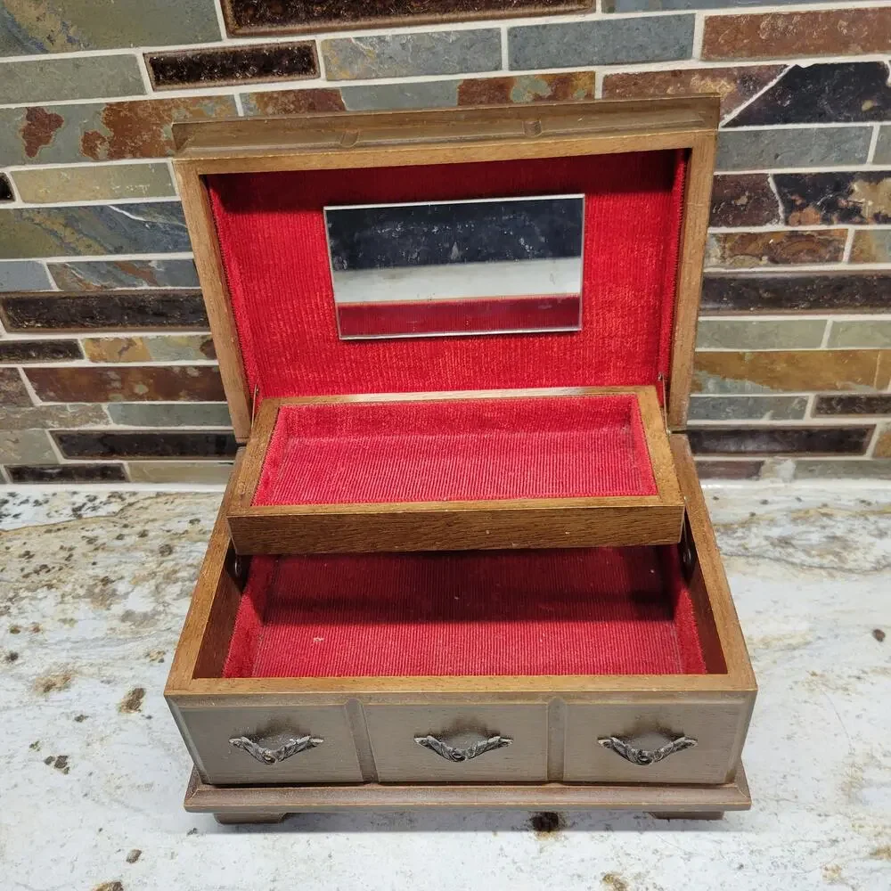Vintage Wood Jewelry Chest, Smaller Red Fabric Inside, Mirror